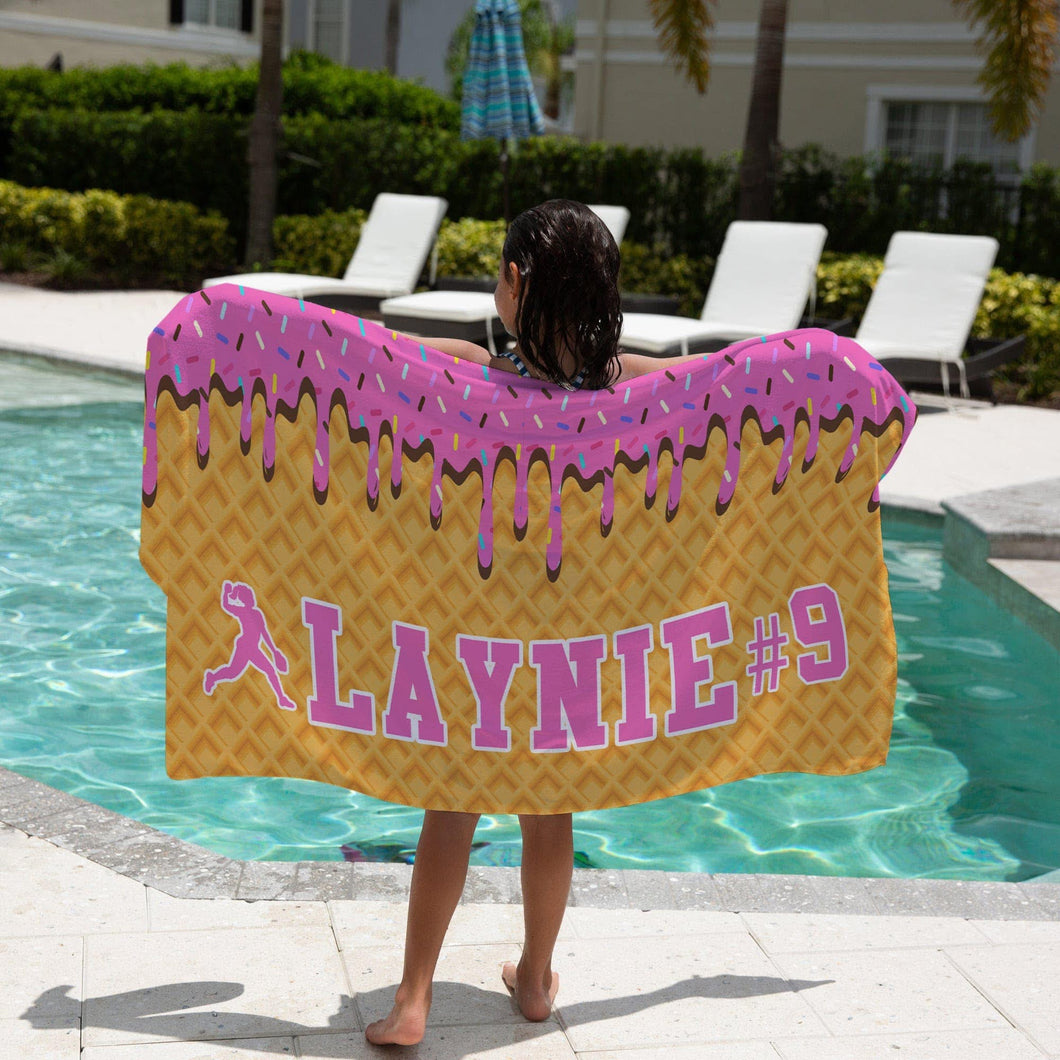 Ice Cream Drip Softball Beach Towels (3 sizes and 5 color choices starting at $29.99)