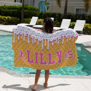 Ice Cream Drip Softball Beach Towels (3 sizes and 5 color choices starting at $29.99)