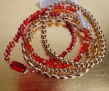 Load image into Gallery viewer, Set of 5 Red Crystals, Pearl and Gold Stretch Bracelet
