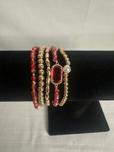 Load image into Gallery viewer, Set of 5 Red Crystals, Pearl and Gold Stretch Bracelet
