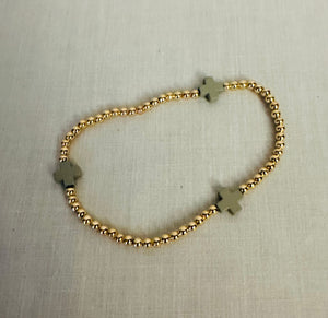 Gold Small Beaded Bracelet with Small Grey Crosses