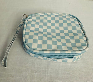 Square Checked Make Up Pouch Blue and White