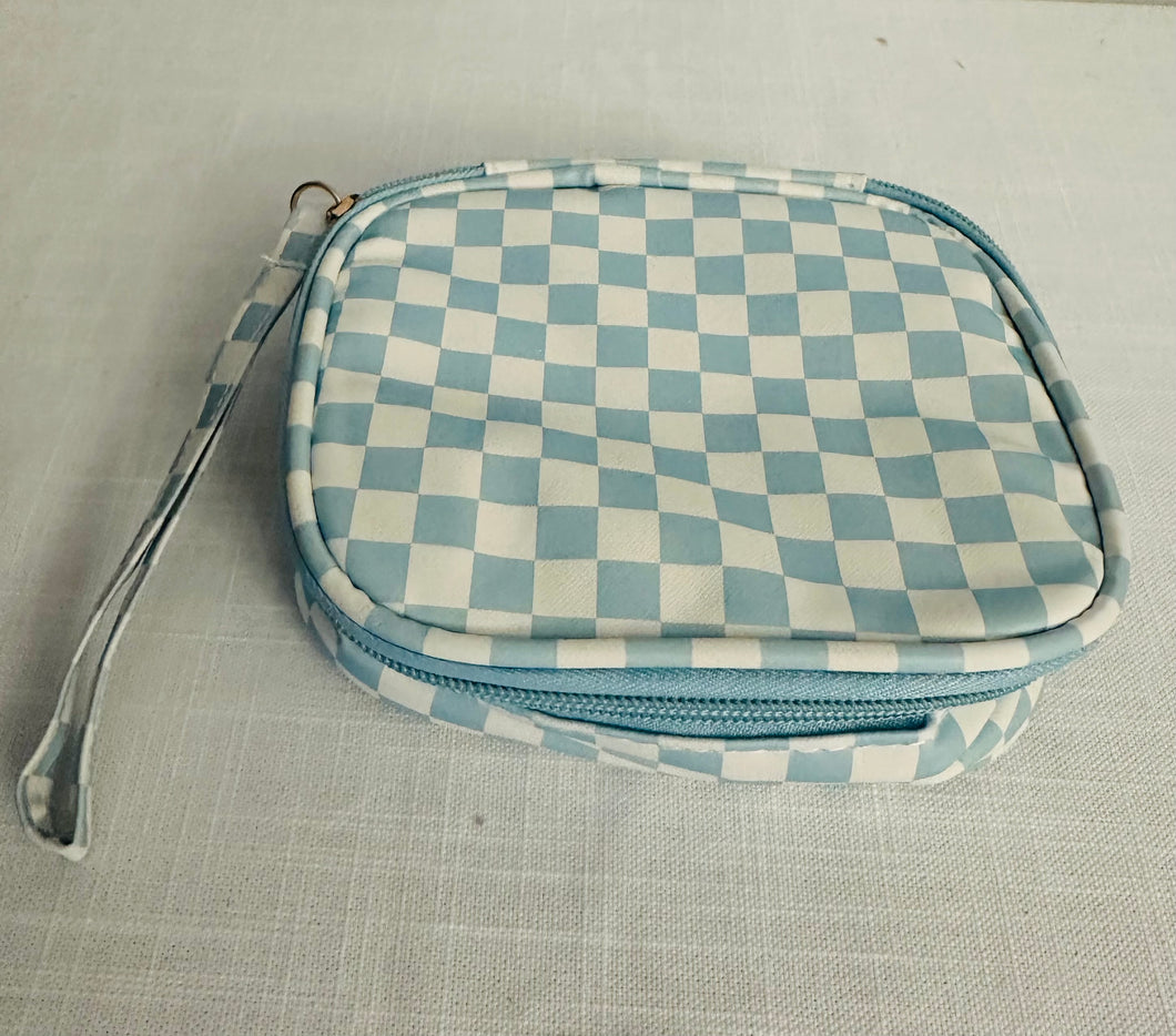Square Checked Make Up Pouch Blue and White