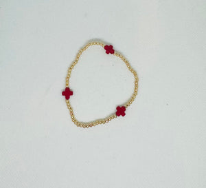 Gold Bead Bracelet with Red Crosses