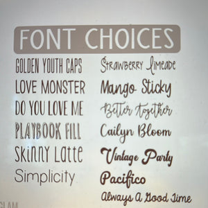 Color Chart & Font Choices for blankets, burp cloth & bibs (Click on color chart for font choices.)