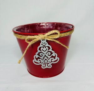 6" Pot Cover Red Tin with Silver Tree