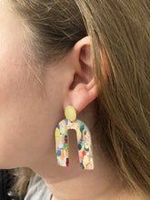 Load image into Gallery viewer, Confetti Rainbow Leather Cork Arch with Gold Stud Earrings
