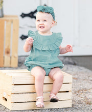 Load image into Gallery viewer, Marine Blue Slub Ruffled Bubble Romper

