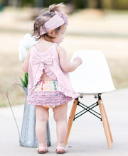 Load image into Gallery viewer, Soft Lilac Knit Ruffle Swing Top &amp; Heart Ruffle Bloomers
