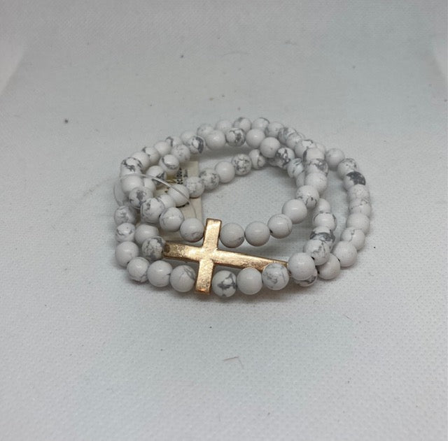 White Natural Stone Bracelet with Cross